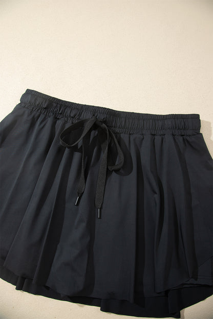 Black Plus Size Drawstring Waist Flared Tennis Skort