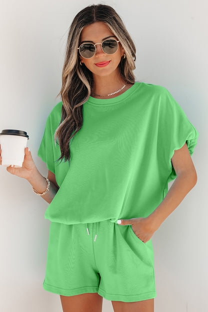 Smoke Gray Solid Color Puffy Loose Top Drawstring Shorts 2pcs Outfit