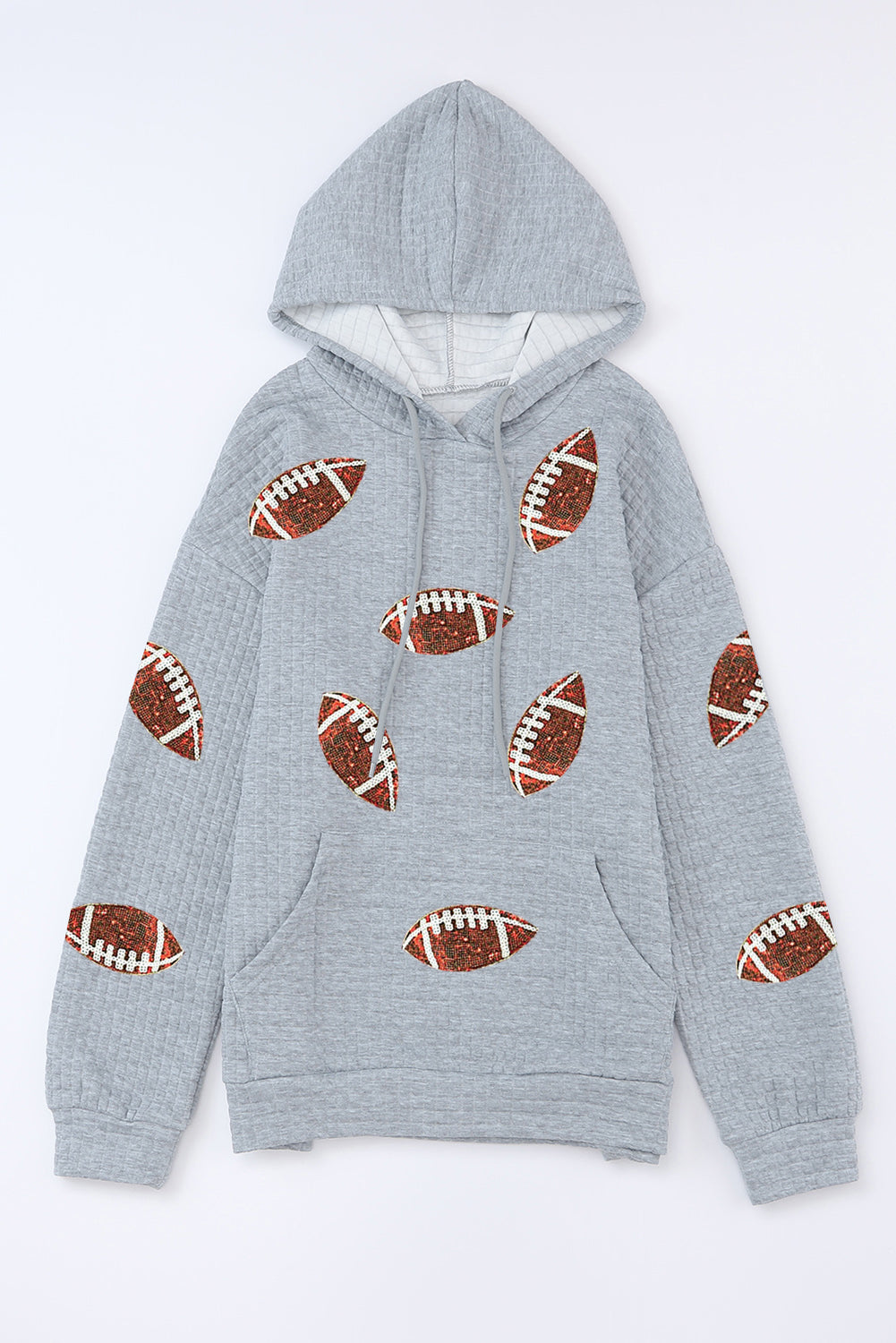 Gray Sequin Rugby Waffle Knit Kangaroo Pocket Loose Hoodie