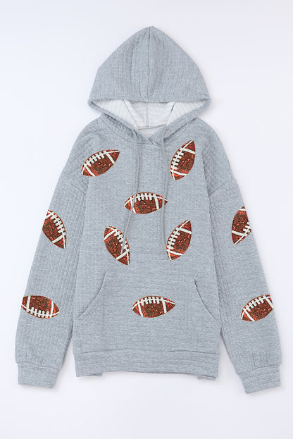 Gray Sequin Rugby Waffle Knit Kangaroo Pocket Loose Hoodie
