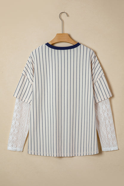Blue Stripe 88 LOS ANGEL Graphic Lace Patchwork Faux Two Piece V Neck Top