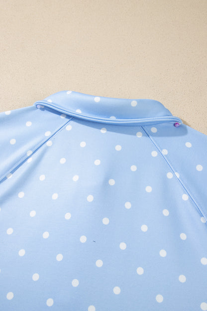 Sky Blue Polka Dot V Neck Metal Button Long Sleeve Shift Plus Size Sweatshirt