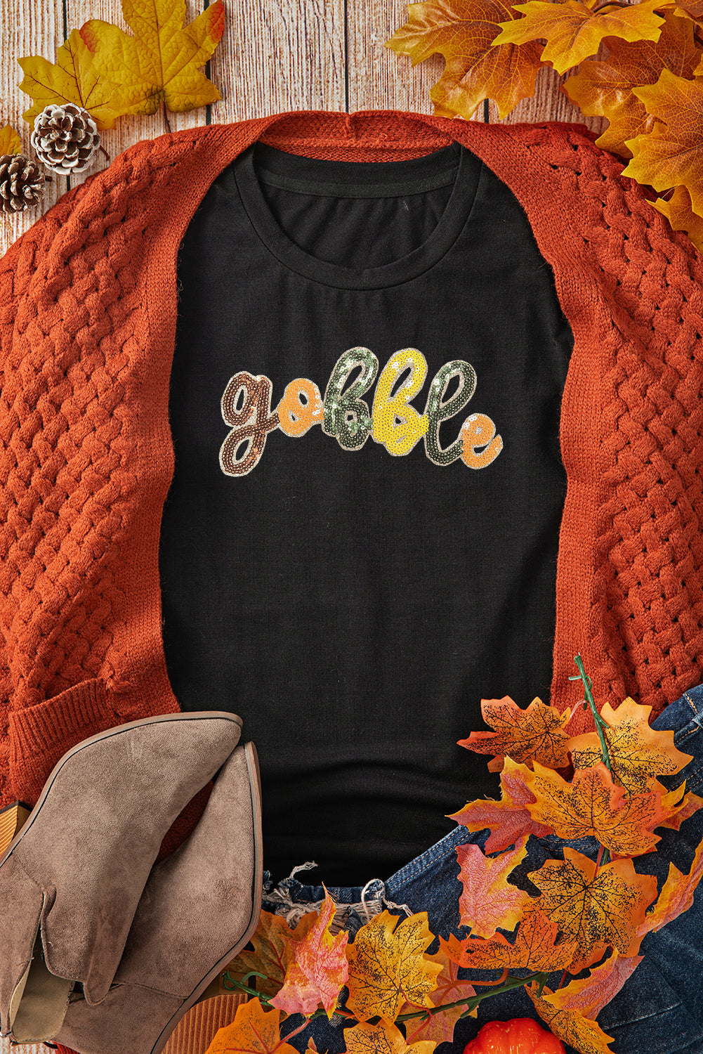 Black gobble Sequin Letter Graphic Thanksgiving T Shirt