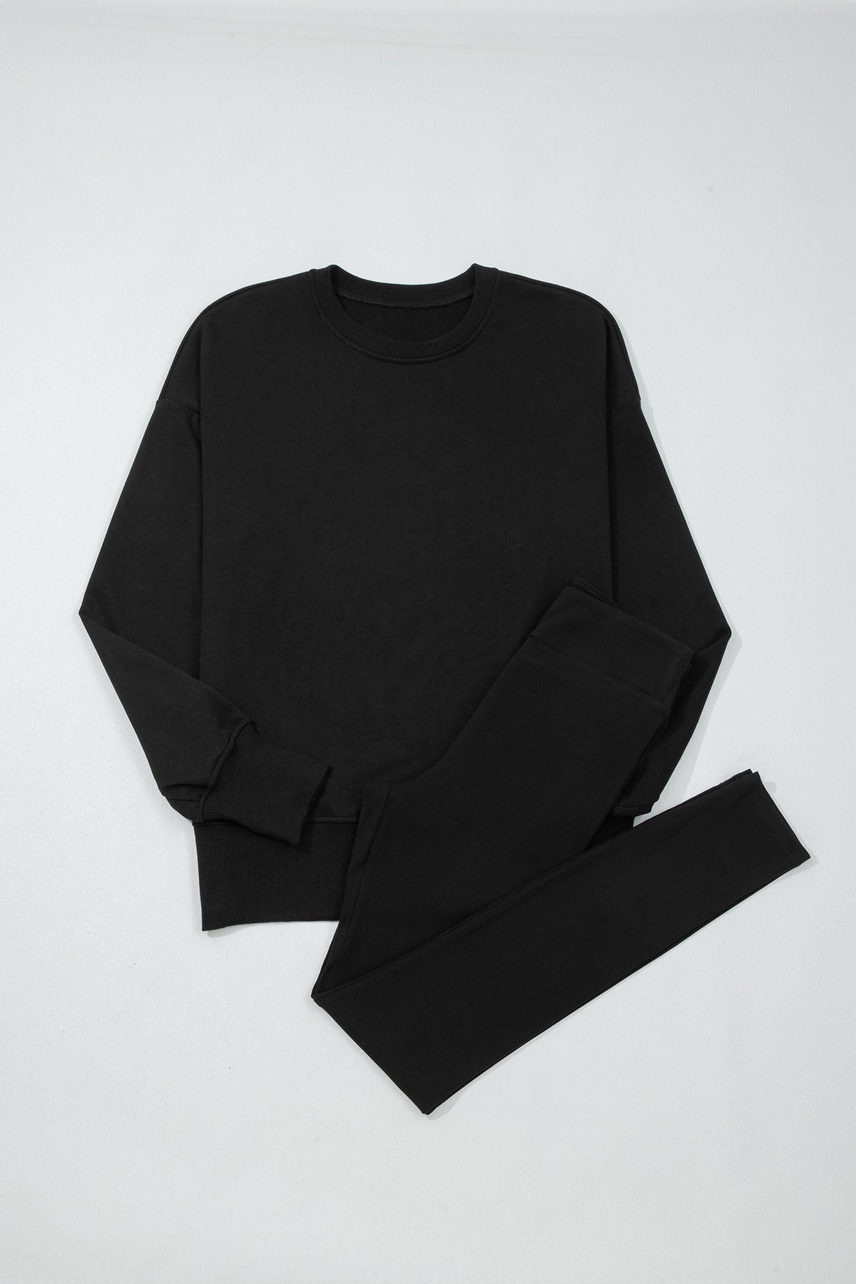 Black Solid Color Oversize Slit Sweatshirt Ribbed Leggings 2pcs Set