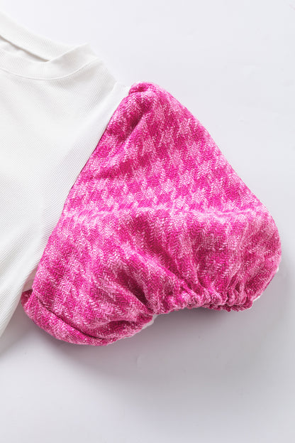 Haut à manches bouffantes en tweed blanc contrasté