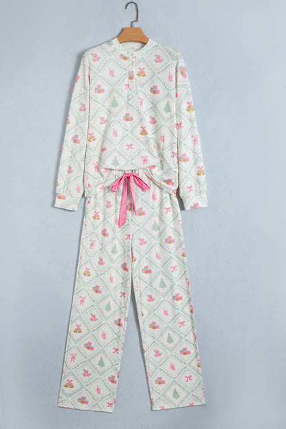 White Long Sleeve Patchwork Shift Christmas Daily Wear Lounge Set