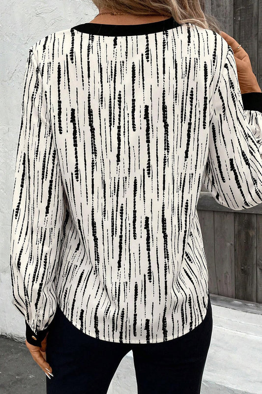 White Abstract Printed V Neck Fall Blouse