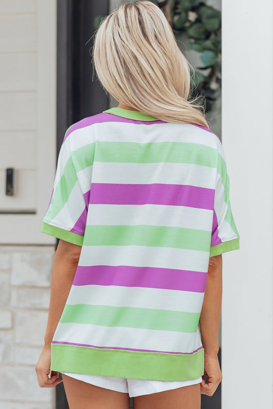 Green Stripe Lucky Clover Embroidered Graphic Dolman Loose Tee