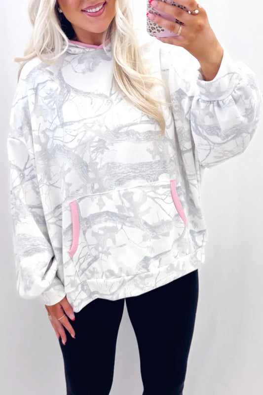 Gray Abstract Print Colorblock Long Sleeve Hoodie