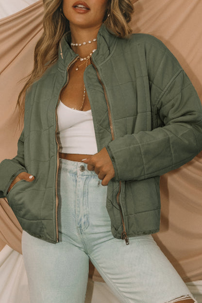 Black Zip-Up Pocket Quilted Jacket
