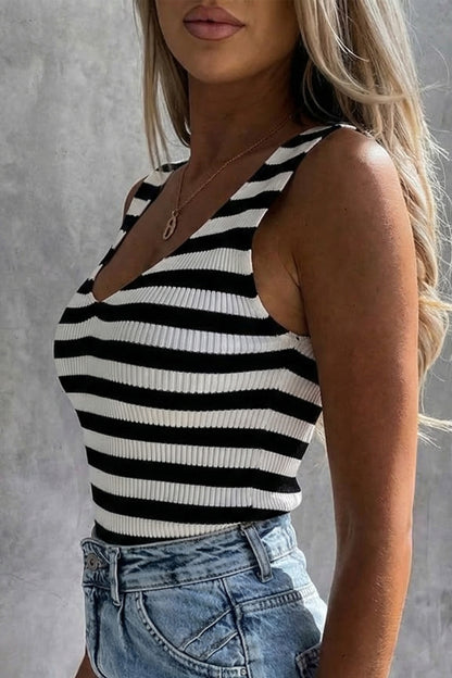 White Stripe V Neck Low-cut Back Rib Knitted Vest