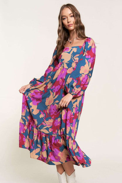 Robe taille haute à volants et col carré à imprimé floral multicolore 