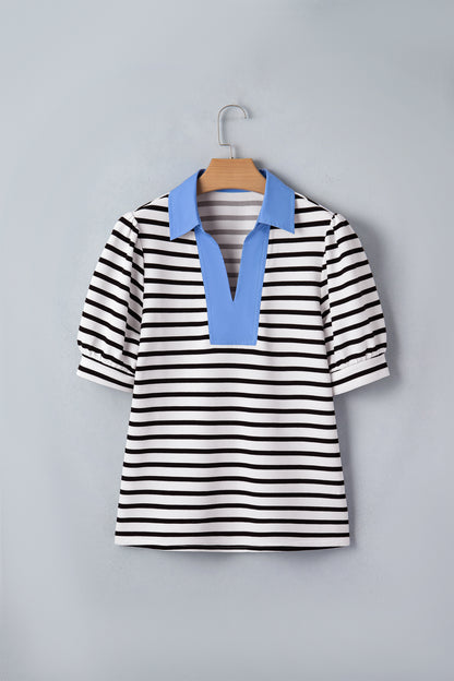 Pink Stripe Short Puff Sleeve Color Block Polo Collar Blouse