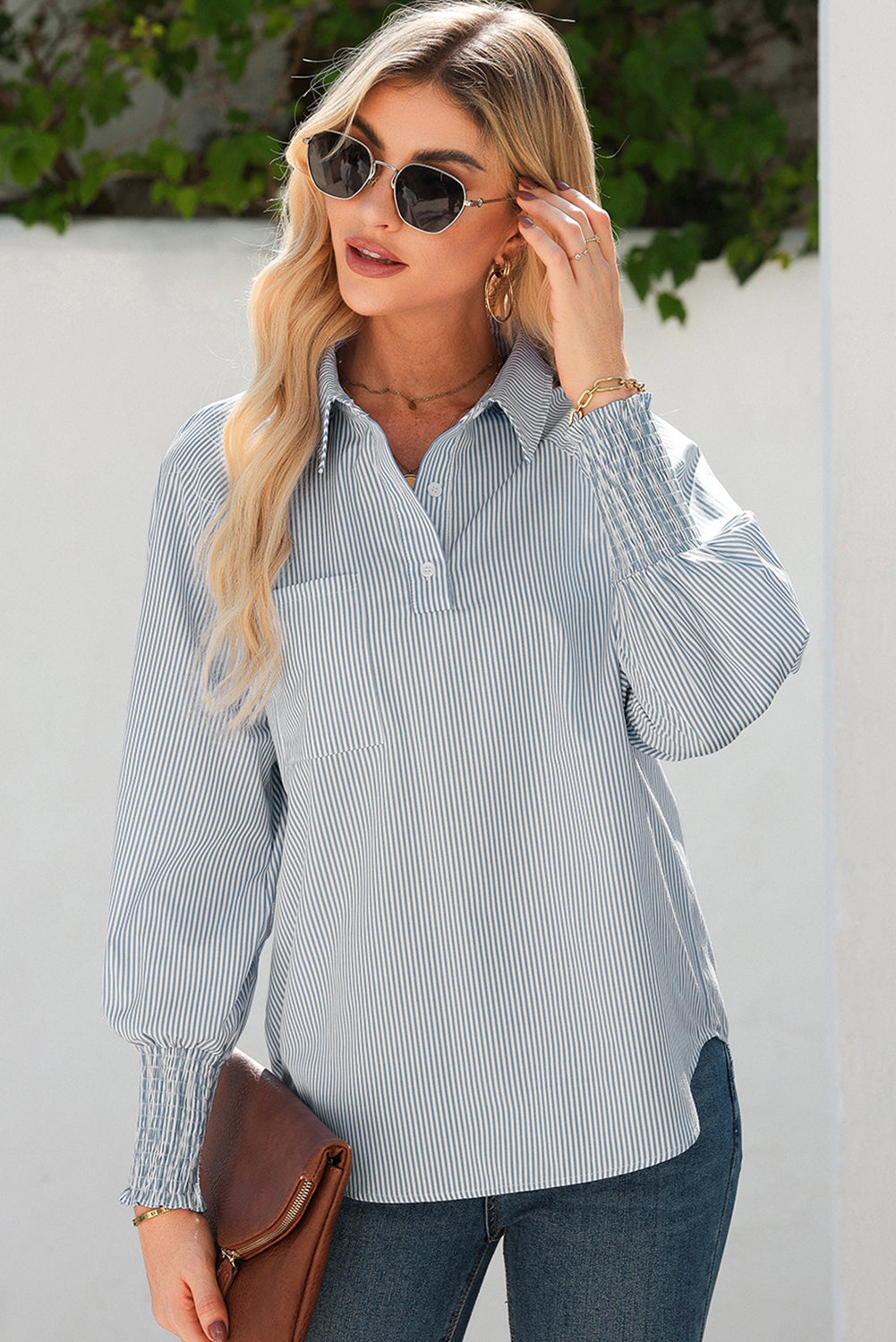 Gray Pinstripe Long Sleeve Smocked Cuffs Button Shirt Collar Blouse