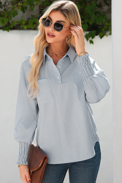 Gray Pinstripe Long Sleeve Smocked Cuffs Button Shirt Collar Blouse