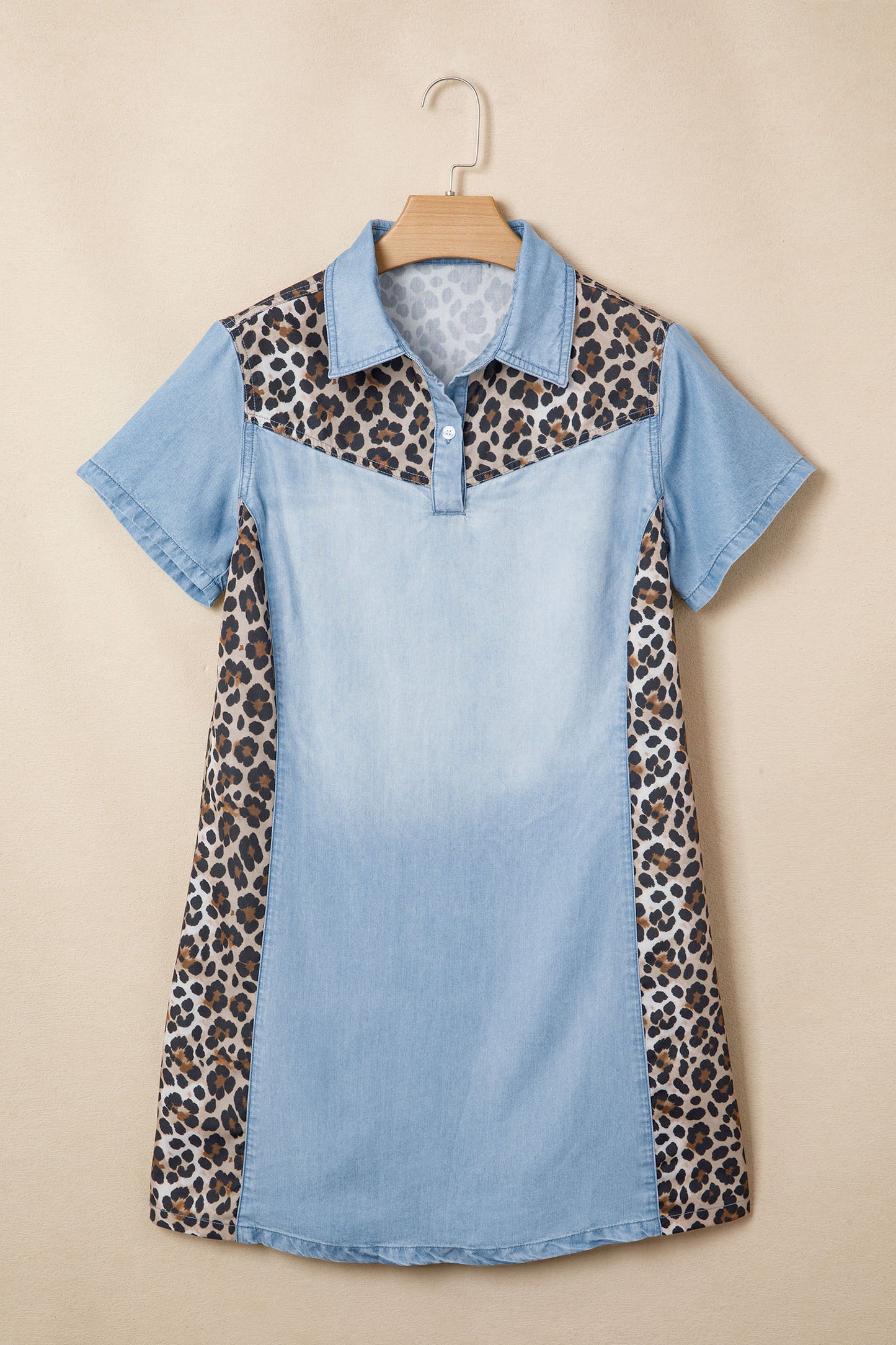Myosotis Denim Color Block Leopard Patchwork Shirt Collar T Shirt Mini Dress