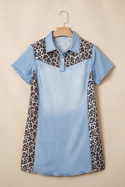 Myosotis Denim Color Block Leopard Patchwork Shirt Collar T Shirt Mini Dress