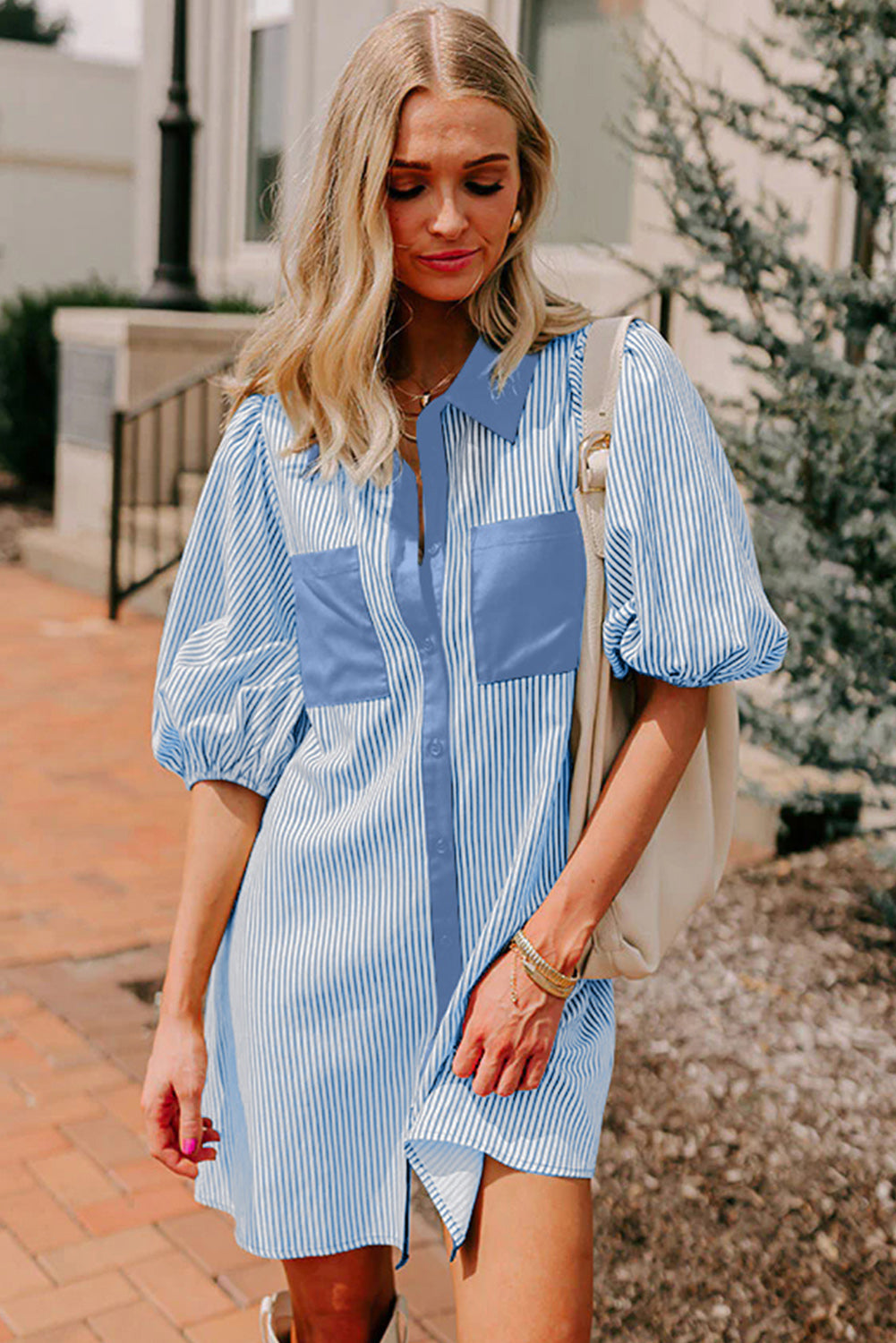 Sky Blue Stripe Color Block Patchwork Shirt Collar Button Down Puff Sleeve Mini Dress