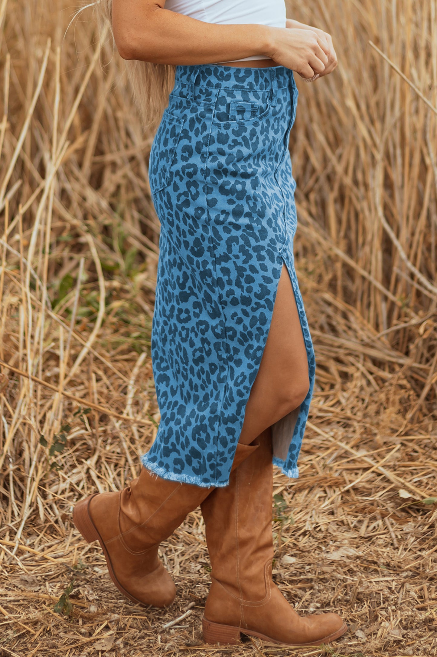 Brown Leopard Print Frayed Edge Denim Skirt Long Casual Daily Wear