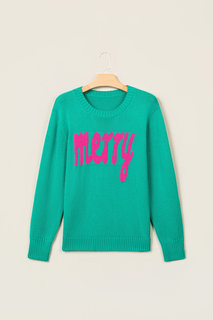 Bright Green Merry Print Ribbed Trim Round Neck Loose Fit Sweater