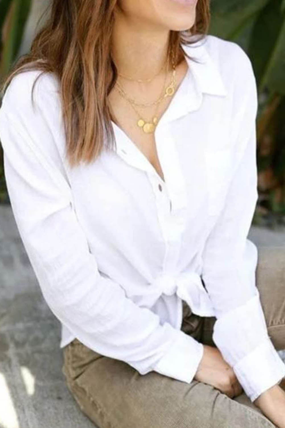 Chemise boutonnée blanche texturée en lin grande taille 