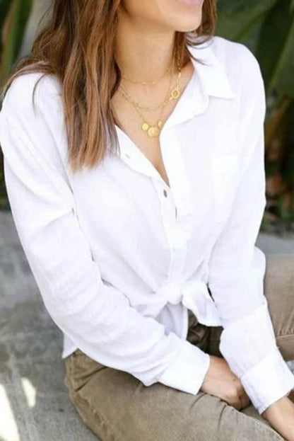 Chemise boutonnée blanche texturée en lin grande taille 