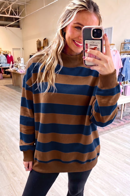 Brown Stripe Colorblock Mock Neck Relaxed Sweatshirt