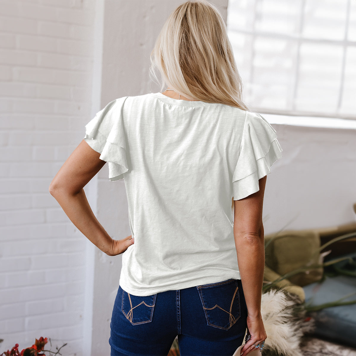 White Layered Ruffle Short Sleeve Round Neck Top