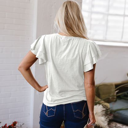 White Layered Ruffle Short Sleeve Round Neck Top