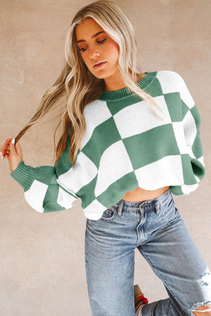 Dark Brown Checkered Bishop Sleeve Sweater