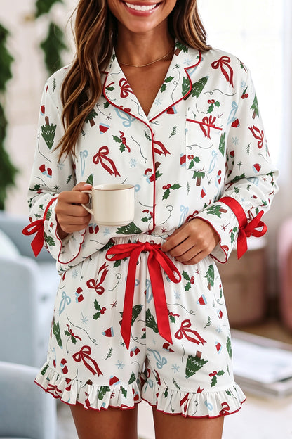 White Christmas Print Ruffle Cuff Long Sleeve Lounge Set