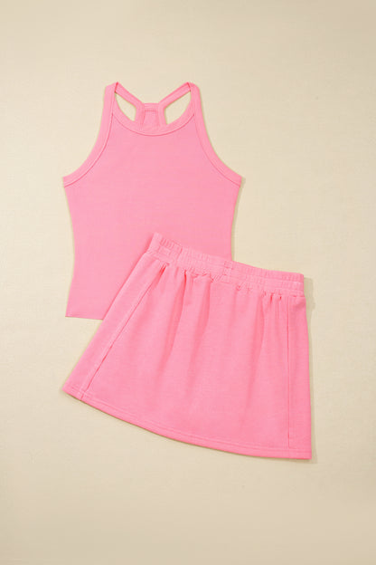 Green Slim Tank Top Elastic Waist Mini Skort 2pcs Outfit