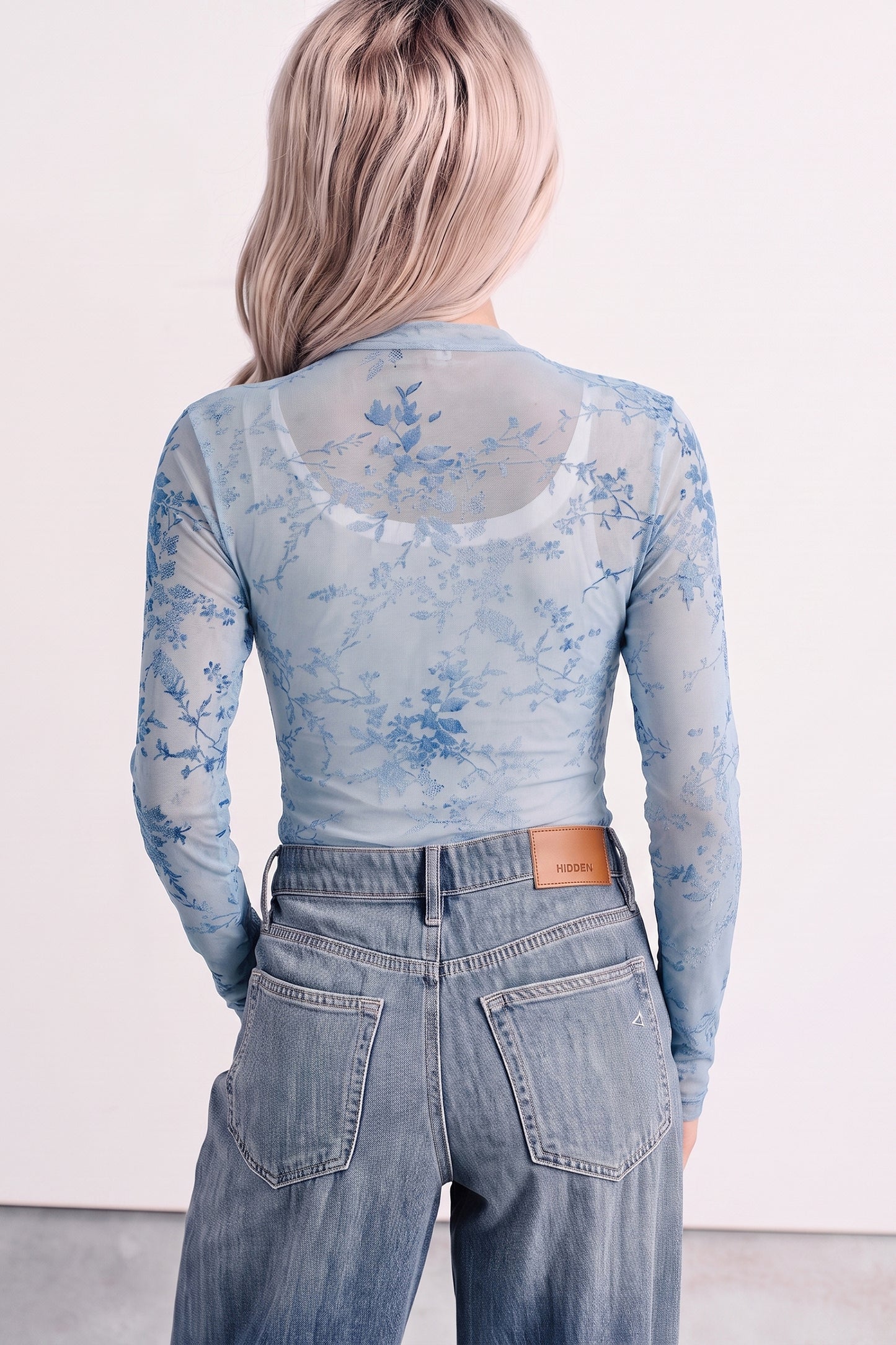 Sky Blue Sheer Mesh Floral Printed Mock Neck Long Sleeve Bodysuit