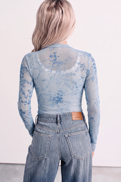 Sky Blue Sheer Mesh Floral Printed Mock Neck Long Sleeve Bodysuit