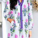 White Floral Print Contrast Striped Trim Notched Neck Long Sleeve Dress