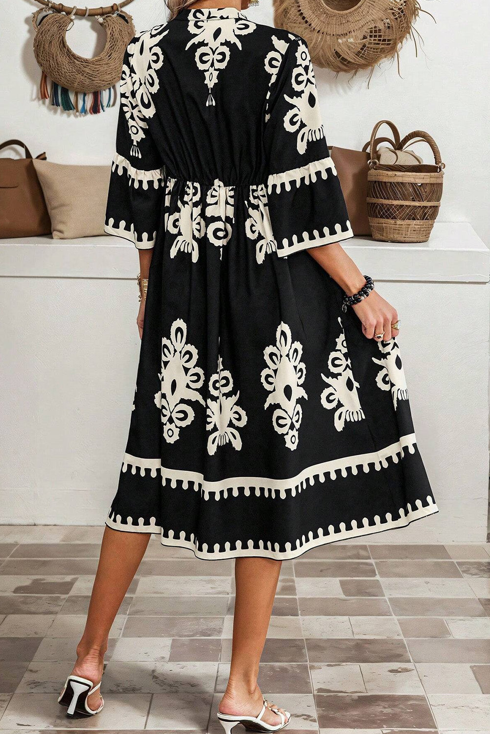 Robe midi ample noire à imprimé géométrique occidental, manches 3/4