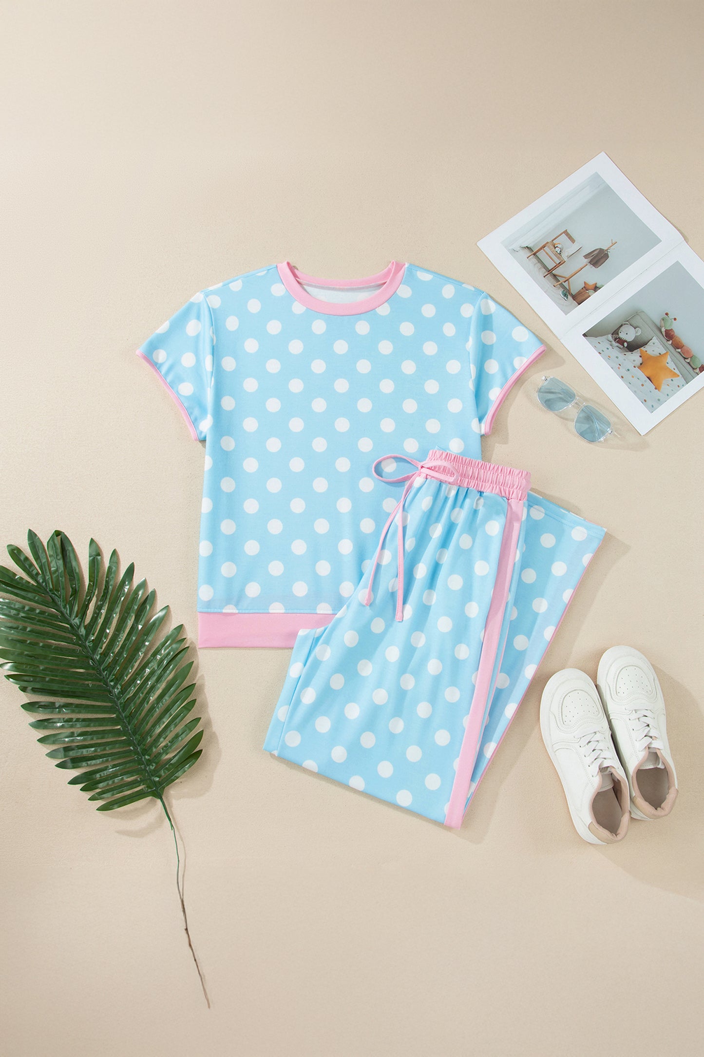 Sky Blue Polka Dot Short Sleeve Top and Pants Set