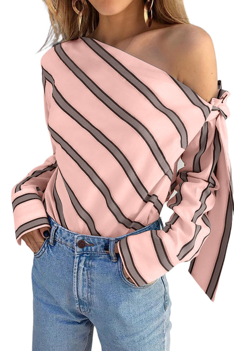 Pink Striped Asymmetric Tied Shoulder Blouse
