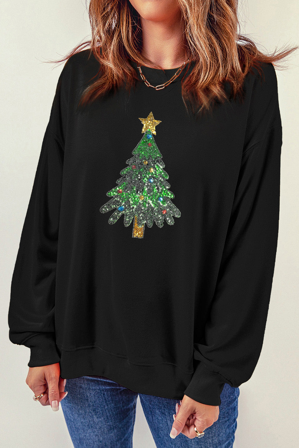 Black Sequined Christmas Tree Pattern Pullover Sweatshirt