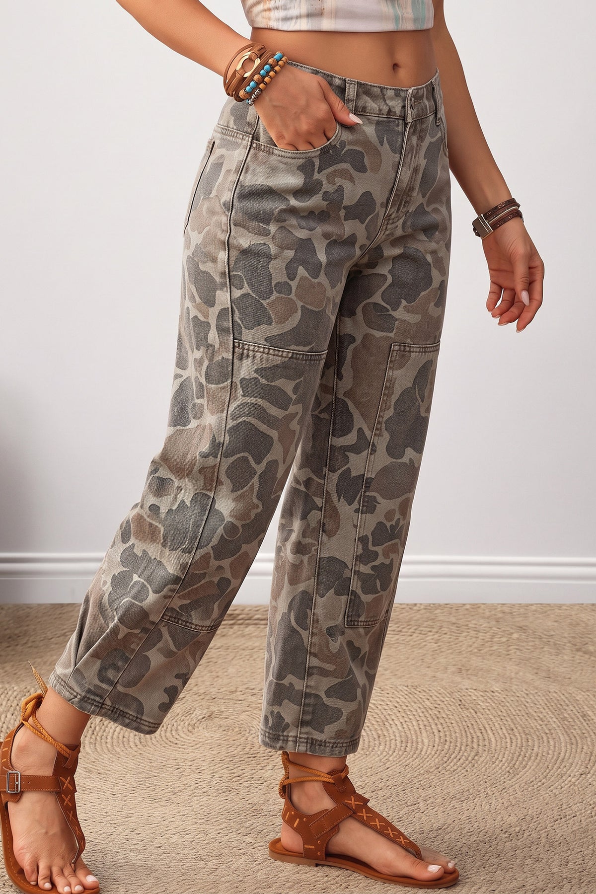 Khaki Camouflage Pattern Patch Detail Casual Jeans