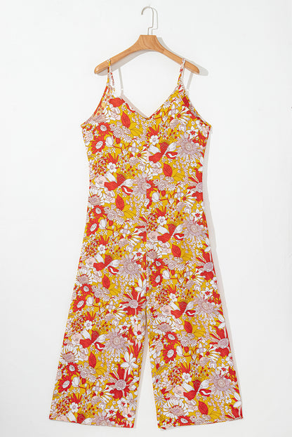 Combinaison ample sans manches à col en V et motif floral orange