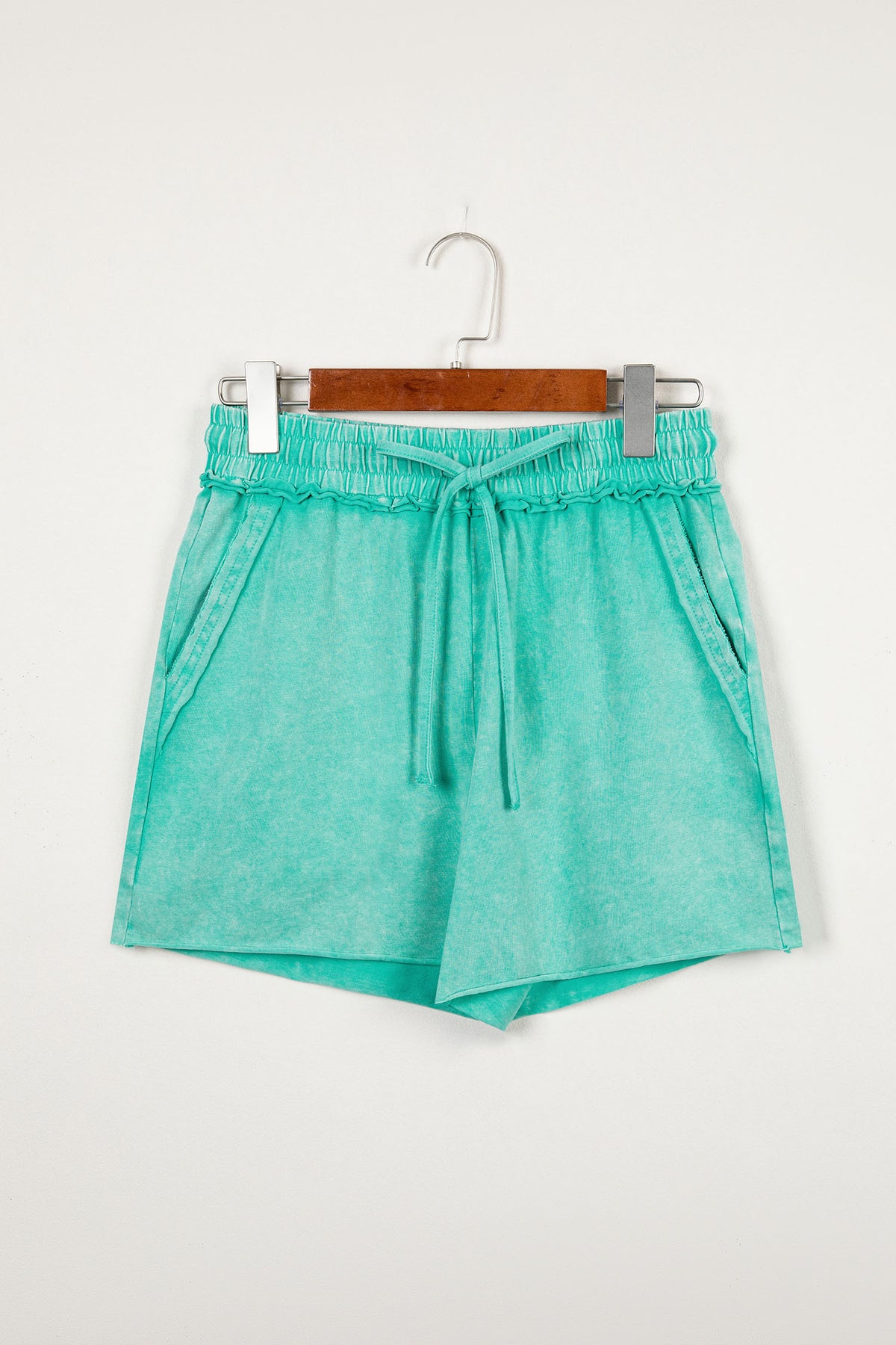 Sea Green 100% Cotton Mineral Washed Drawstring Elastic Waist Raw Cut Shorts