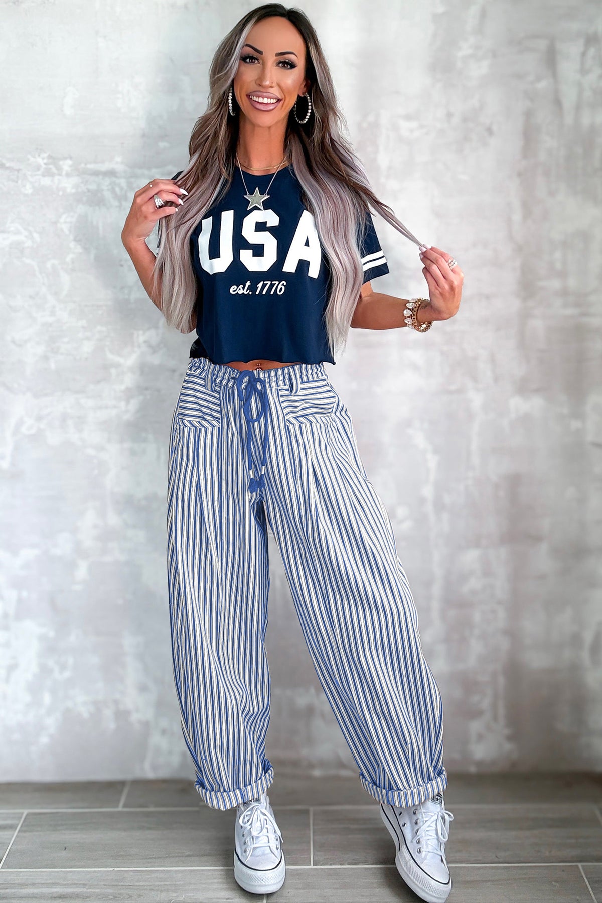 Blue Stripe Drawstring Casual Loose Pants