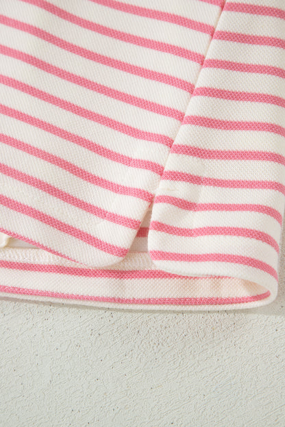 Pink Stripe Color Block Patchwork Polo Tee Drawstring Elastic Waist 2pcs Skort Set
