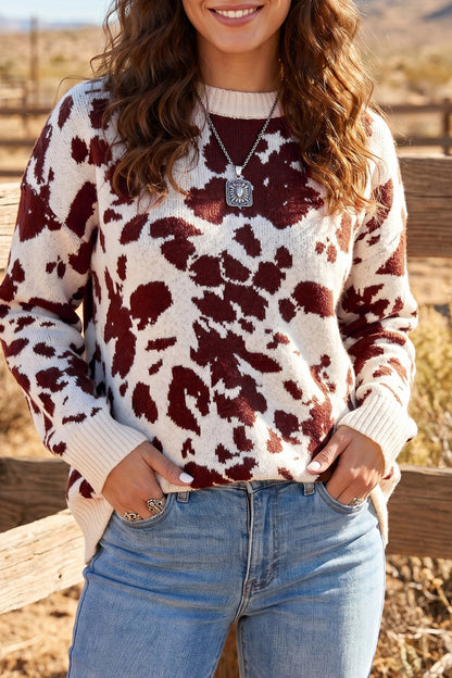 Brown Western Print Cow Pattern Long Sleeve Round Neck Pullover Knitwear Sweater
