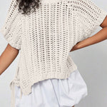 White Plus Size Open Knit Bow Tie Short Sleeve Sweater