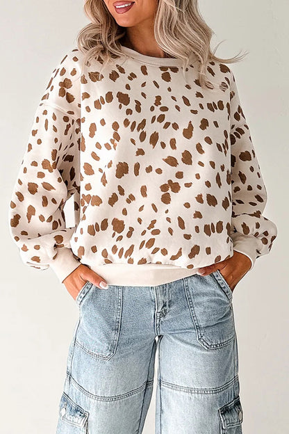 Brown Leopard Print Dropped Shoulder Round Neck Casual Sweatshirt