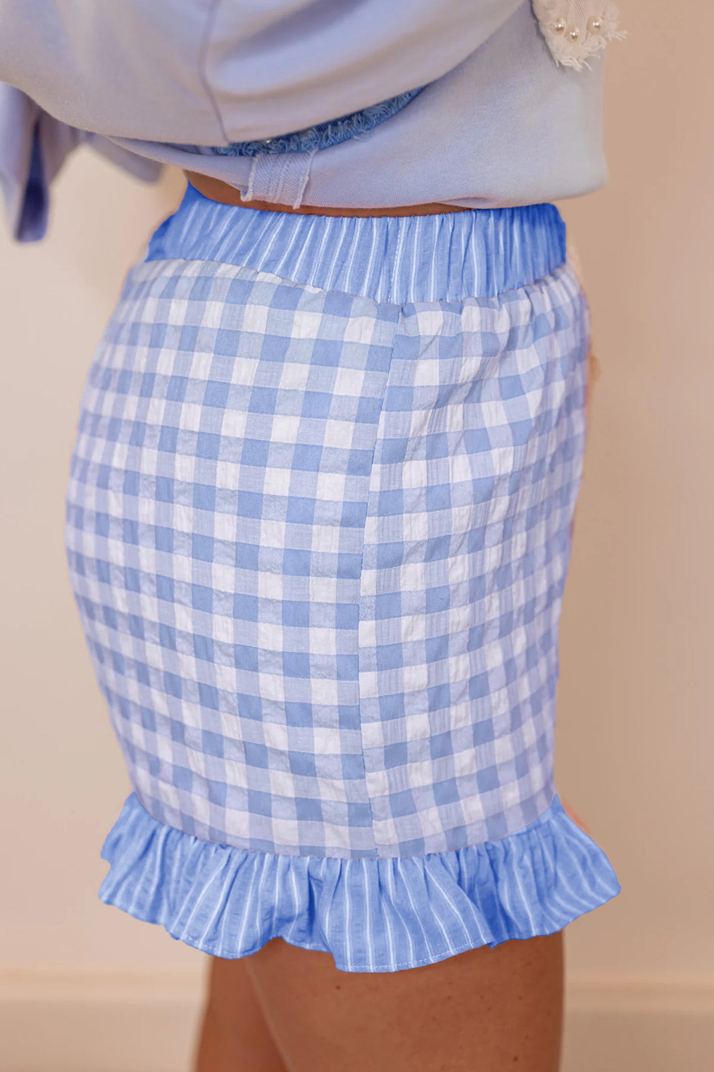 Sky Blue Gingham Print Ruffle Striped Detail Lace Tie Shorts