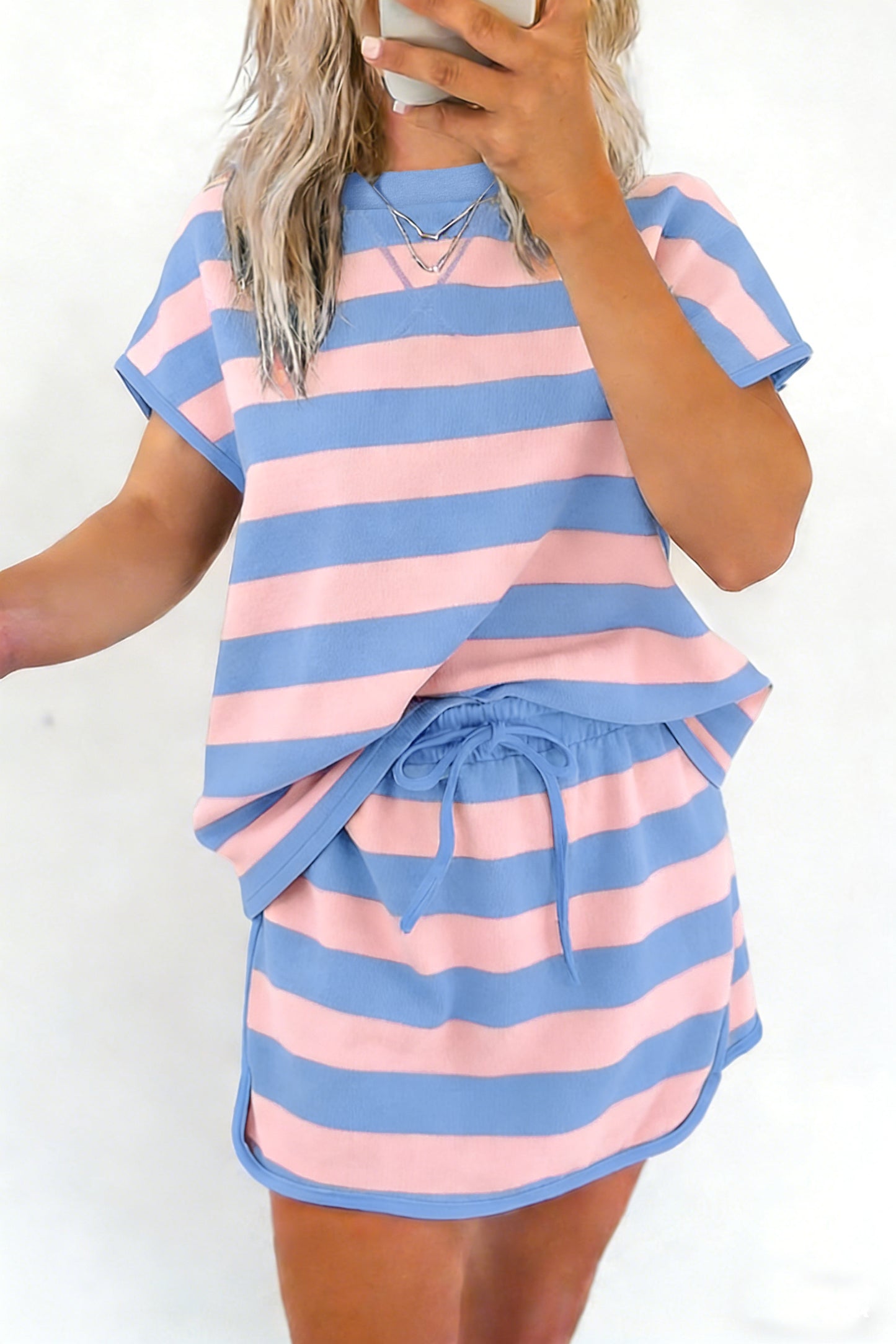 Pink Stripe Dolman Tee Drawstring Skort Athletic 2pcs Set