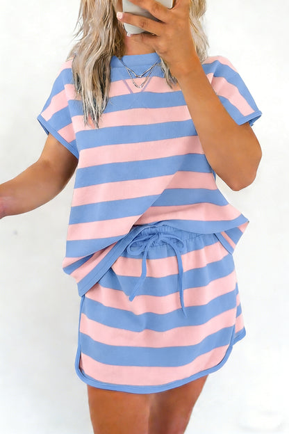 Pink Stripe Dolman Tee Drawstring Skort Athletic 2pcs Set